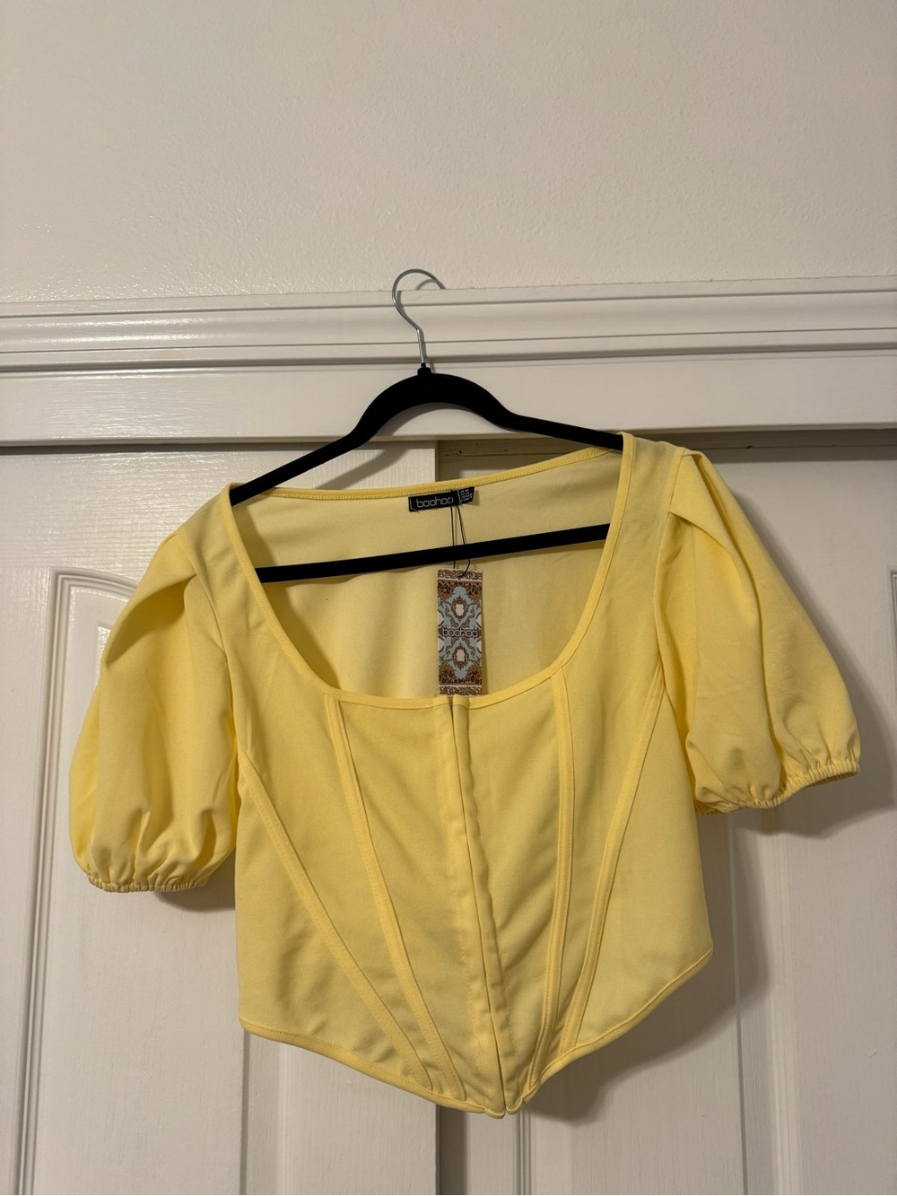 Boohoo Pastel Yellow Puff-Sleeve Corset Crop Top